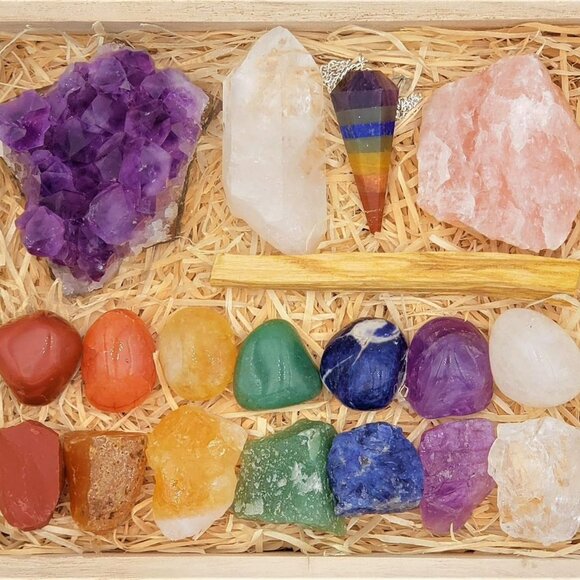 Crystals and Healing Stones Premium Kit Wooden Box - Chakra Stones Healing Cryst - Picture 1 of 9